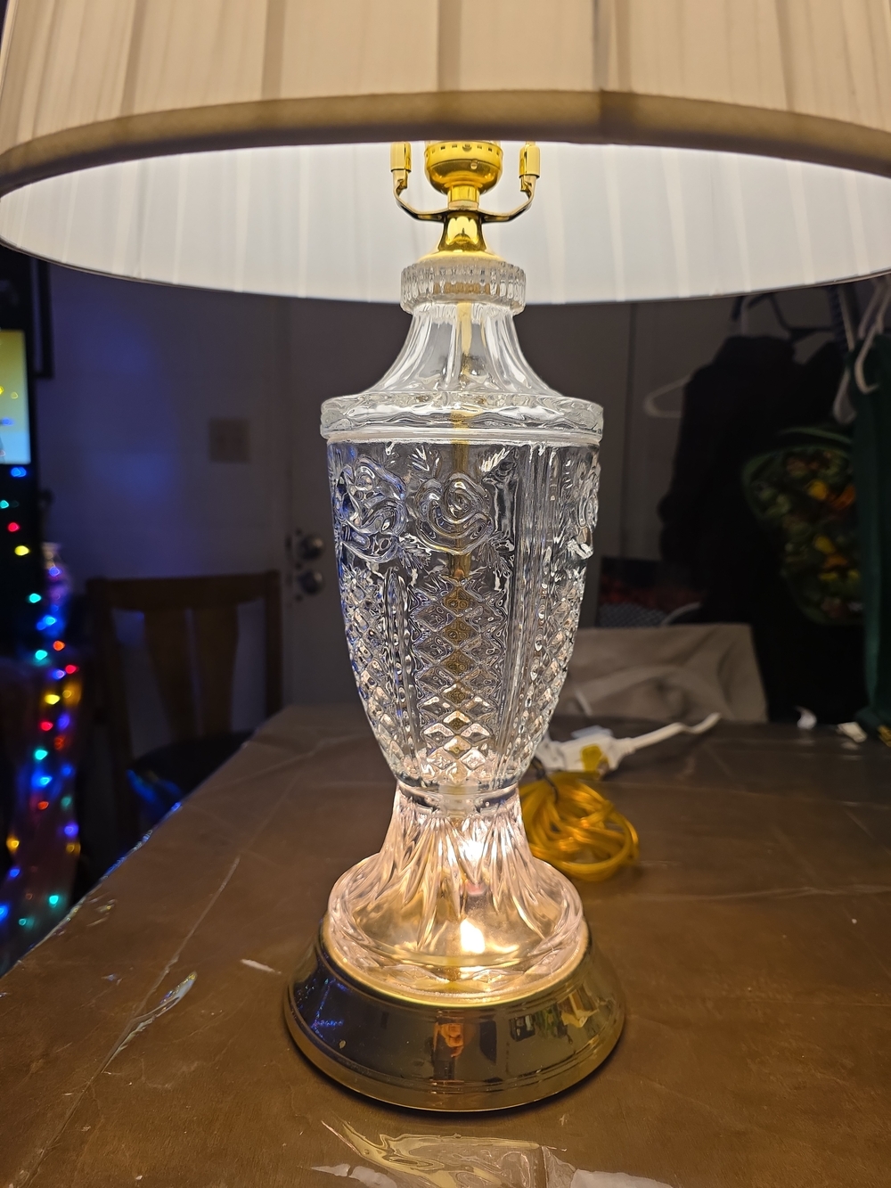 Vintage STIFFEL Hollywood Regency Brass and Crystal Table Lamp w/ Original Shade